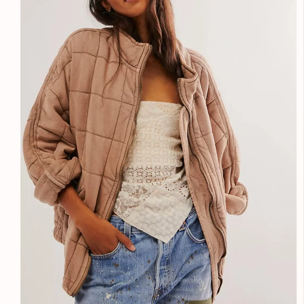 NEW BEST Free People Dolman Quilted Knit Jacket XSmall Dirty Rose Beige - Picture 3 of 5